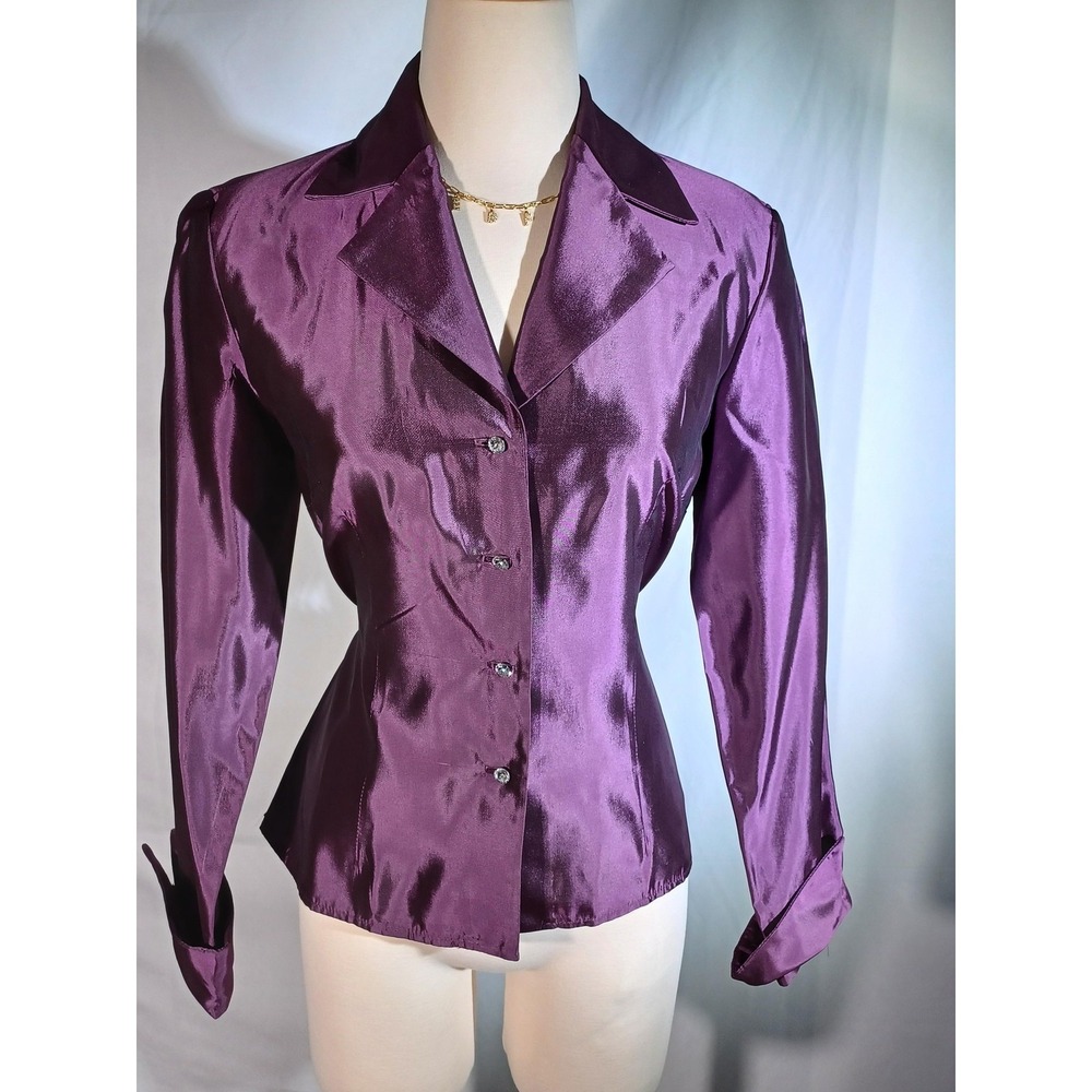 JS Collections Blouse Womens 8‎ Purple Satin Collared Belted Rhinestone Buttons